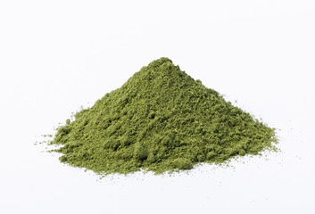 Heap of matcha green tea powder isolated on white background, Organic product from the nature for healthy with traditional style