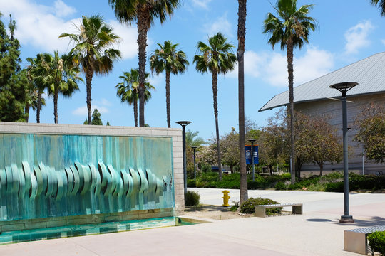 FULLERTON CALIFORNIA - 23 MAY 2020: Water Wall Sculpture on the Visual Arts Building on the campus of California State University Fullerton, CSUF.
