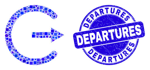Geometric log out mosaic icon and Departures stamp. Blue vector round distress watermark with Departures title. Abstract mosaic of log out constructed of spheric, triangles, square geometric items.