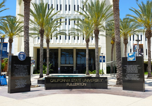 FULLERTON CALIFORNIA - 22 MAY 2020: Sign at Langsdorf Hall at the main entrance to California State University Fullerton, CSUF.