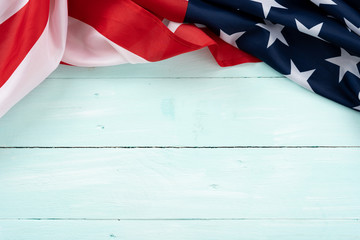 US American flag on blue wooden background. For USA Memorial day,  Presidents day, Veterans day,...