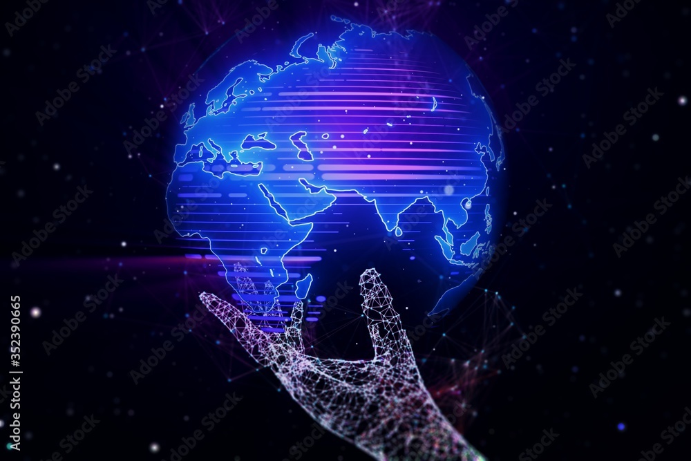 Poster abstract creative digital world map hologram with hand. 3d rendering