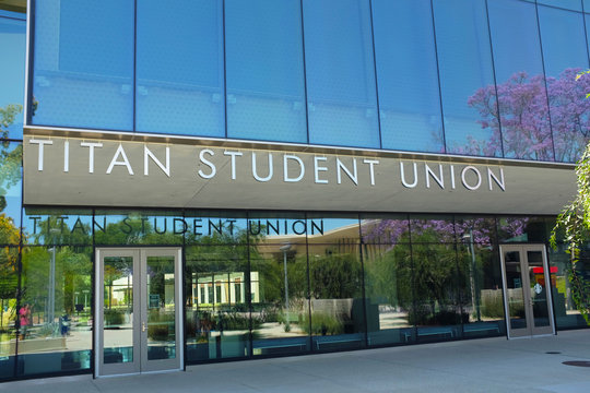 FULLERTON CALIFORNIA - 22 MAY 2020: Closeup of the Titan Student Union on the campus of California State University Fullerton, CSUF.