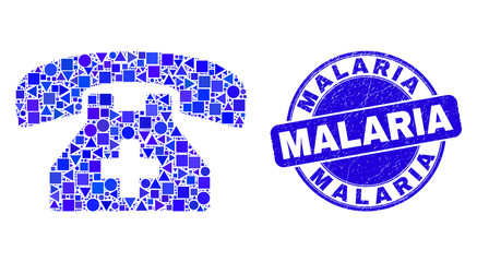 Geometric medical phone mosaic pictogram and Malaria stamp. Blue vector round scratched stamp with Malaria caption. Abstract collage of medical phone organized of round, triangles,