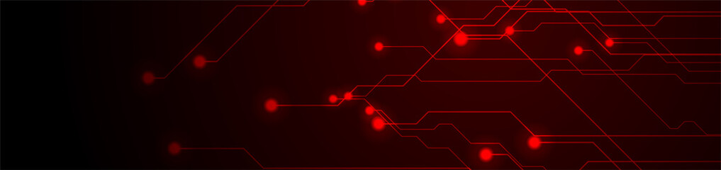 Abstract neon red tech circuit board lines sci-fi banner design. Futuristic computer chip background. Vector glowing illustration - obrazy, fototapety, plakaty