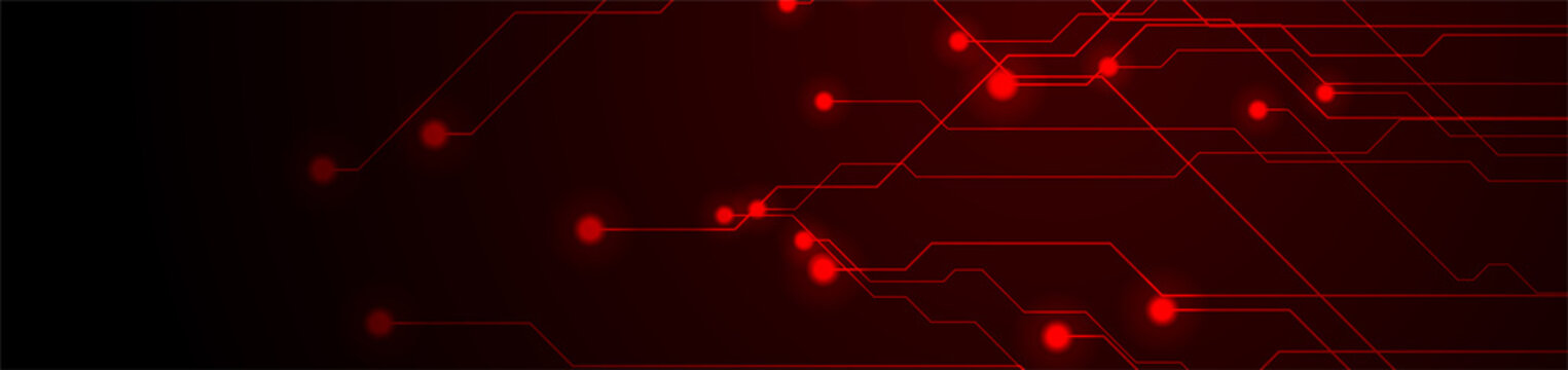 Abstract neon red tech circuit board lines sci-fi banner design. Futuristic computer chip background. Vector glowing illustration