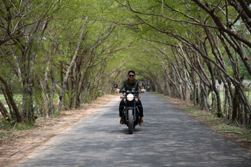 Tourists ride a classic motorbike on a sunny day on the tree tunnel road. Motorcycle riding concept