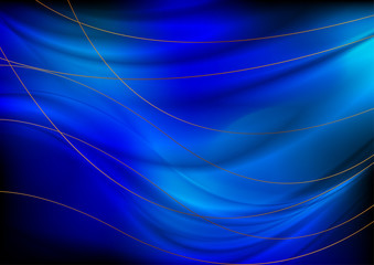Dark blue smooth waves with curved bronze lines abstract background. Vector design