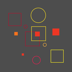 Abstract modern geometry background. Squares, circles, silhouettes of geometric shapes in different colors on dark gray background. Flat. Vector illustration