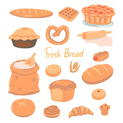 Fresh bread. Isolated on white background flour products. Vector graphics.