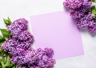 Spring background. Composition made of lilac and purple sheet of paper on a light background.
Top view. Copy space