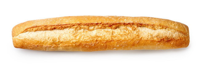 Baked baguette isolated on white background. Top view of bread.