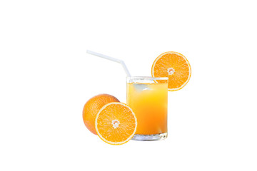 Group of Welcome drink orange juice punch in glass and ripe oranges fruit isolated on white background.