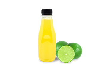 Lemon tea mixed honey in plastic bottle and lemon lime isolated on white background.