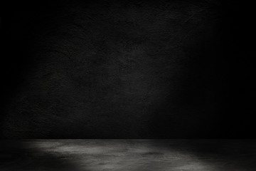 Empty space of Studio dark room concrete floor grunge texture background with light shading.