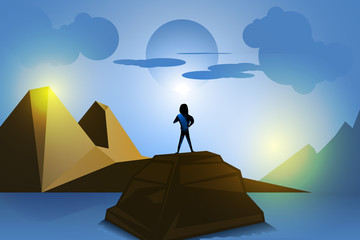 The shadow of a person standing at the sunset, the view of a beautiful nature, clouds, and sky as a background image