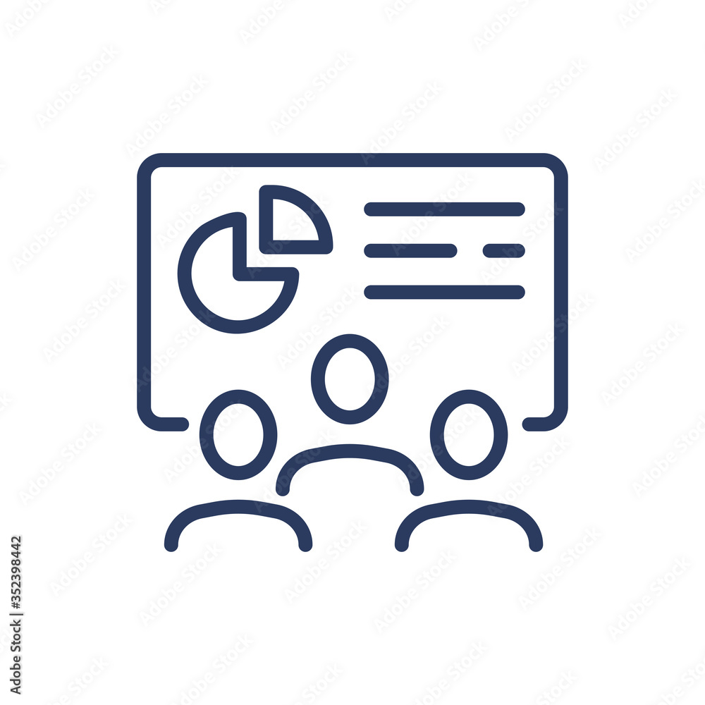 Poster analysts analyzing statistics thin line icon. graph, together, employee isolated outline sign. busin