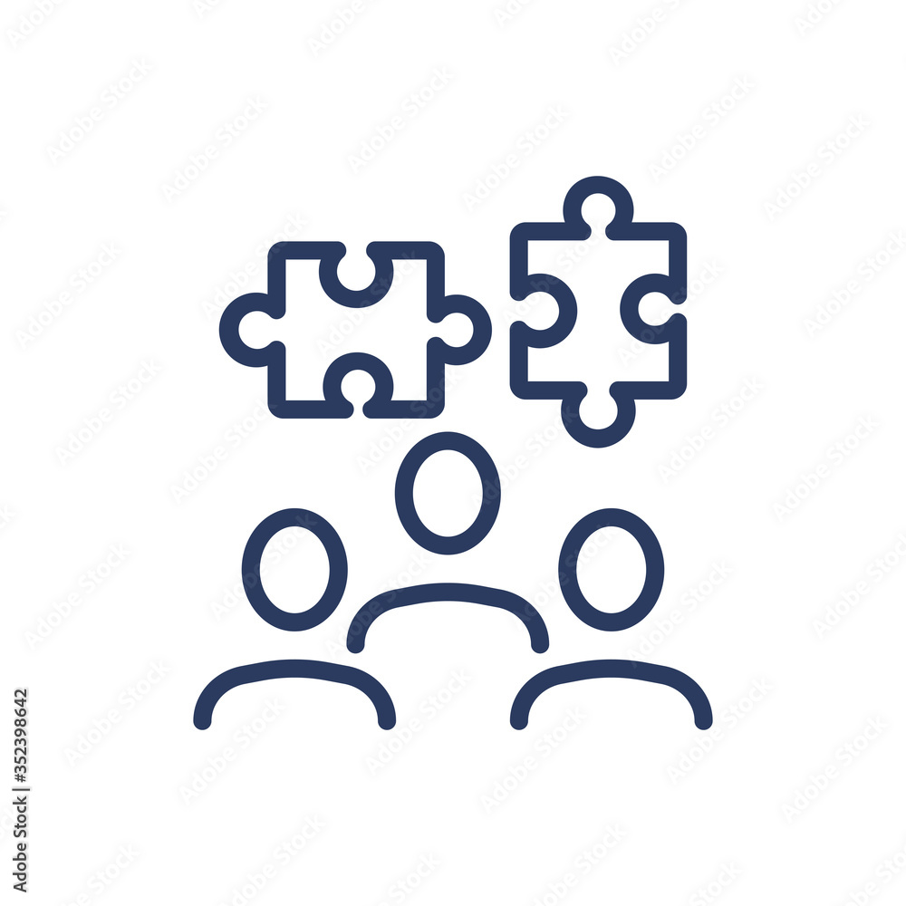 Poster solving puzzle in team thin line icon. issue, business, company isolated outline sign. business comm