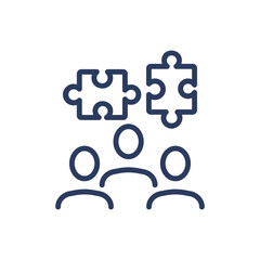 Solving puzzle in team thin line icon. Issue, business, company isolated outline sign. Business communication concept. Vector illustration symbol element for web design and apps