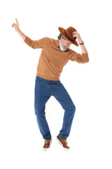 Cool senior man dancing against white background