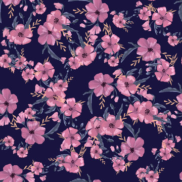 Fashionable cute pattern in native popies flowerson darck background. Flower seamless surface design for textiles, fabrics, covers, wallpapers, print, gift wrapping or any purpose © WI-tuss