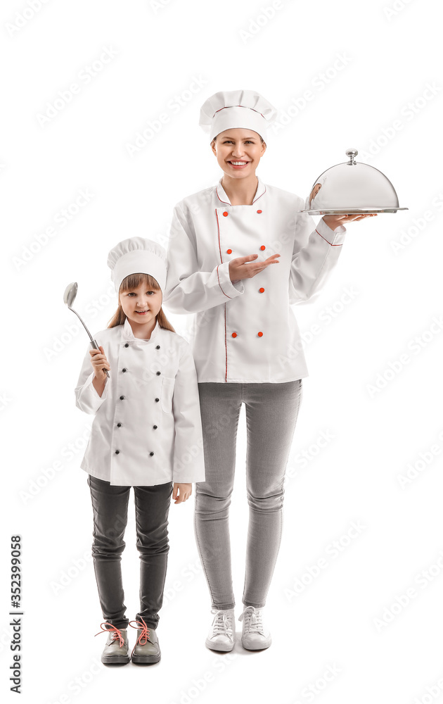 Poster portrait of female chef and her little daughter on white background