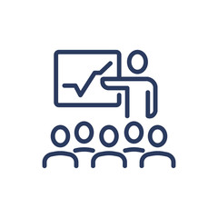 Financial coach showing graphic thin line icon. Staff, training, employee isolated outline sign. Business communication concept. Vector illustration symbol element for web design and apps