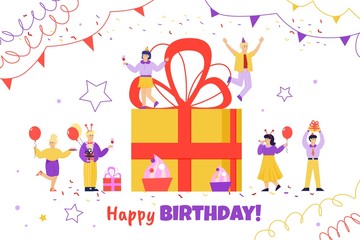 Happy birthday poster with cartoon people celebrating around giant gift box.