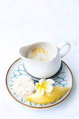 Sweet Sticky Rice With Durian And Coconut Milk Sauce,Thai sweet sticky rice with durian, Thai style tropical dessert,  isolated on white background, selective focus.