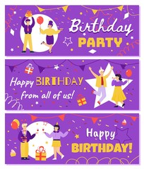Birthday party celebration banner set with cartoon people celebrating