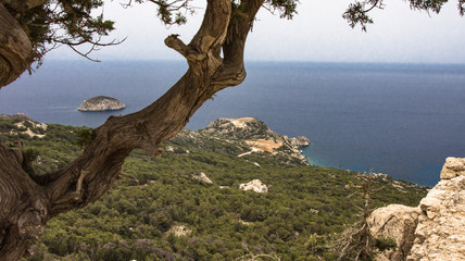 View from the mountain to the sea coast and a small island