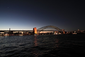 Fototapeta na wymiar Night city view overlooking the bridge and water from pier