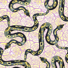 Obraz premium Seamless pattern wild floral design. Snake background with flowers. Textile print for bed linen, jacket, package design, fabric and fashion concepts