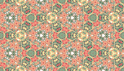 Kaleidoscope seamless pattern. Colored abstraction on white background. Useful as design element for texture and artistic compositions. - 352400498