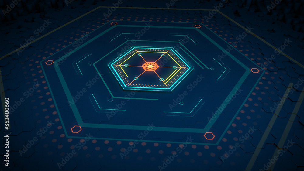 Poster 3d render graphics hexagon floor and digital hud graphical user interface modern design technology a