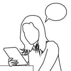 Woman is reading important information on her tab. Illustration with speech bubble.