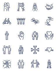 Friendship line icon set. Men and women in love, volunteers community, family couples. Vector icons can be used for social care, charity, relationships, cooperation concept