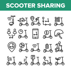 Scooter Sharing Rent Service Icons Set Vector. Scooter Sharing Phone Application, Charger Electronic Transport, Barcode And Gps Mark Concept Linear Pictograms. Monochrome Contour Illustrations
