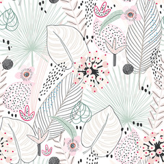 Hand drawn seamless tropical pattern with plants, leaves and exotic flowers. Tropical summer background. Perfect for fabric design, wallpaper, apparel. Vector illustration.