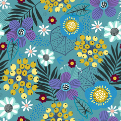 Tropical leaves and flowers. Seamless vector jungle wallpaper pattern green background. Vector illustration