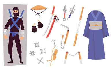 Fototapeta na wymiar Ninja character with weapon and clothing cartoon vector illustration isolated.