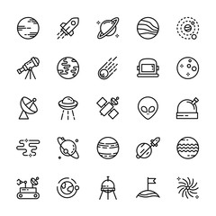 Space explorer and Stars 25 line icons vector