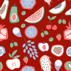 Seamless pattern with doodle fruits and berries. Food background.