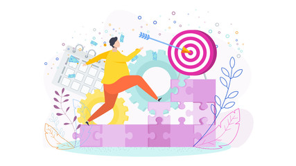 Man runs up the puzzle ladder of success to the goal. T