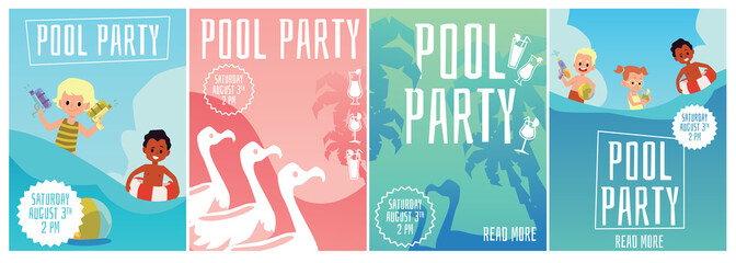 Summer pool party poster set with cartoon children and flamingo birds