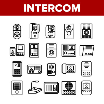 Intercom Communication Collection Icons Set Vector. Intercom Electronic Protection Device For Communicate, Microphone And Door Bell Concept Linear Pictograms. Monochrome Contour Illustrations