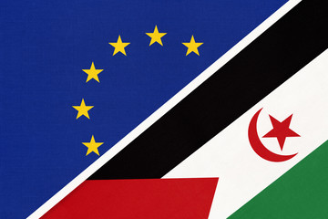 European Union or EU and Sahrawi Arab Democratic Republic national flag from textile. Symbol of the Europe association.