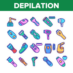Depilation Equipment Collection Icons Set Vector. Epilator Depilation Electronic Device Accessory And Hot Wax For Hair Epilation Concept Linear Pictograms. Color Illustrations