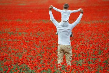 A man and a child are resting in nature. Father and son have fun in the field.