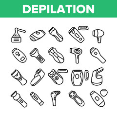 Depilation Equipment Collection Icons Set Vector. Epilator Depilation Electronic Device Accessory And Hot Wax For Hair Epilation Concept Linear Pictograms. Monochrome Contour Illustrations